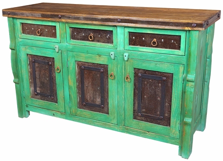 Green Patina Painted Wire Brush Buffet with with Ox Yoke Legs Iron Accents