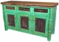 Green Patina Painted Wire Brush Buffet with with Ox Yoke Legs Iron Accents