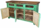 Green Patina Painted Wire Brush Buffet with with Ox Yoke Legs Iron Accents