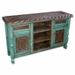 Green Patina Painted Wood Buffet with Scalloped Edge and Iron Panels