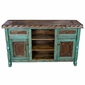 Green Patina Painted Wood Buffet with Scalloped Edge and Iron Panels
