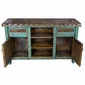 Green Patina Painted Wood Buffet with Scalloped Edge and Iron Panels