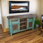Green Patina Painted Wood Buffet with Scalloped Edge and Iron Panels