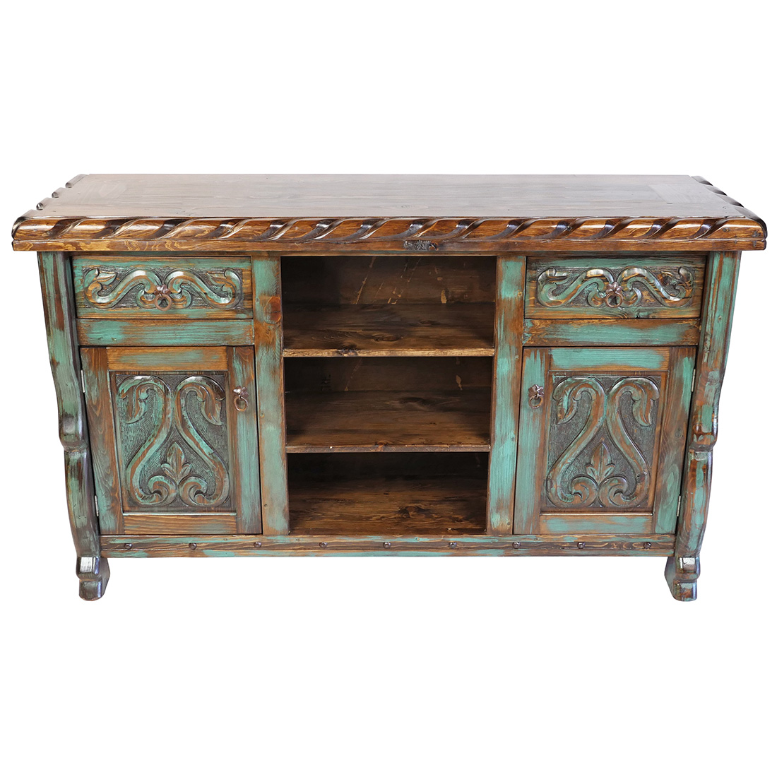 Green Patina Painted Wood Carved Floral Buffet with Scalloped Edge Top
