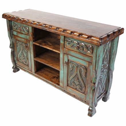 Green Patina Painted Wood Carved Floral Buffet with Scalloped Edge Top
