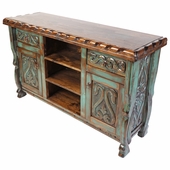 Green Patina Painted Wood Carved Floral Buffet with Scalloped Edge Top