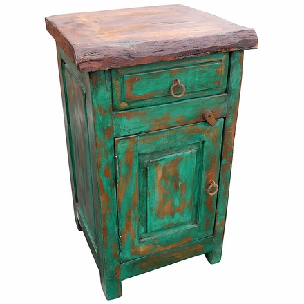 Green Rustic Painted Wood Nightstand with Mesquite Top