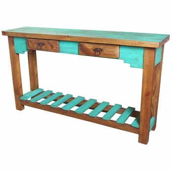 Green Santa Fe Sofa Table with 2 Drawers & Slat Bottom