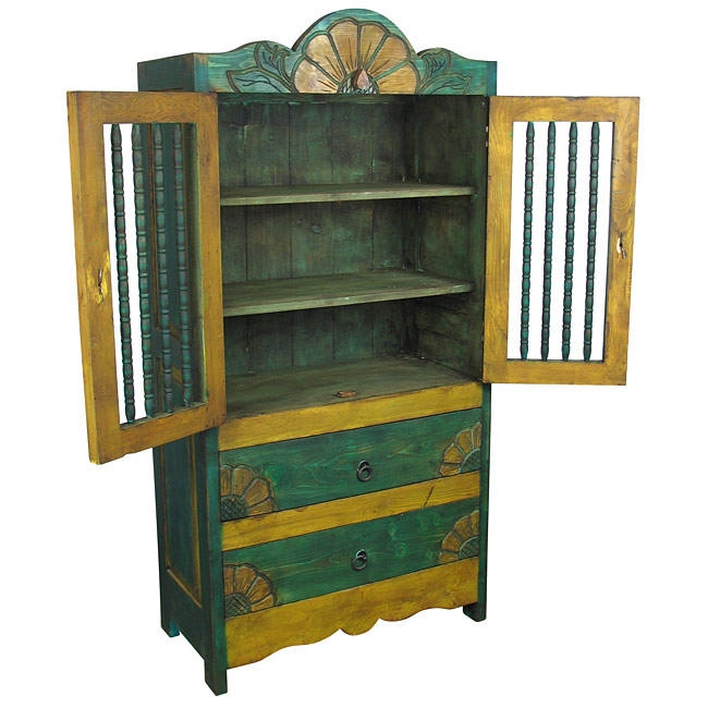 Rustic Painted Wood Wardrobe Green & Yellow