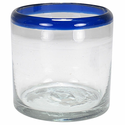 Hand Blown Blue Rimmed Rocks Glass - Set of 4