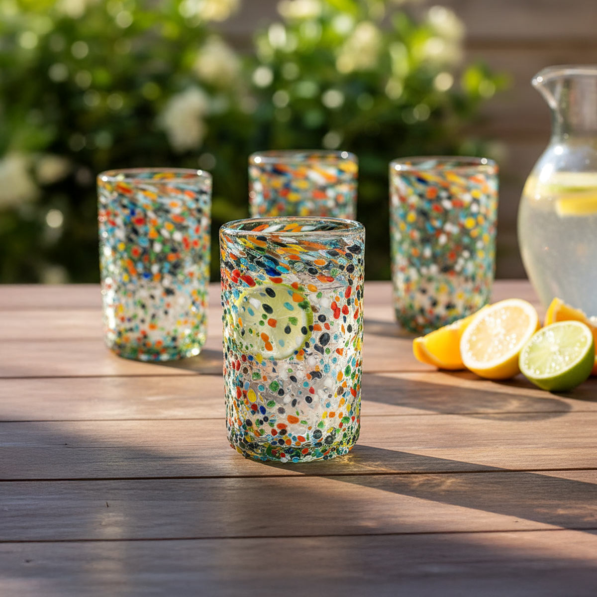 Hand Blown Mexican Water Glass Pebbled Confetti - Set of 4 display picture 1