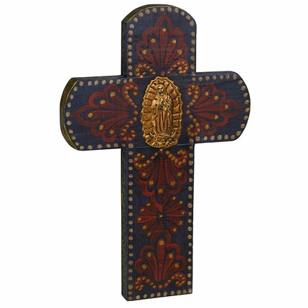 Hand Painted Mexican Folk Art Wood Cross With Milagro Virgin of Guadalupe