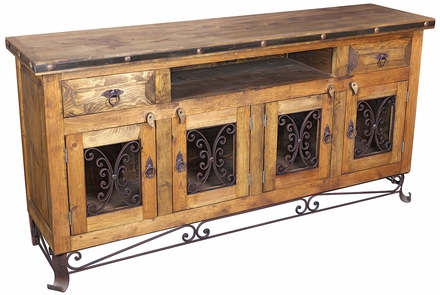 Iron Base Rustic Wood Entertainment Credenza with Iron Band and Scroll Doors