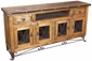 Iron Base Rustic Wood Entertainment Credenza with Iron Band and Scroll Doors