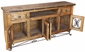 Iron Base Rustic Wood Entertainment Credenza with Iron Band and Scroll Doors