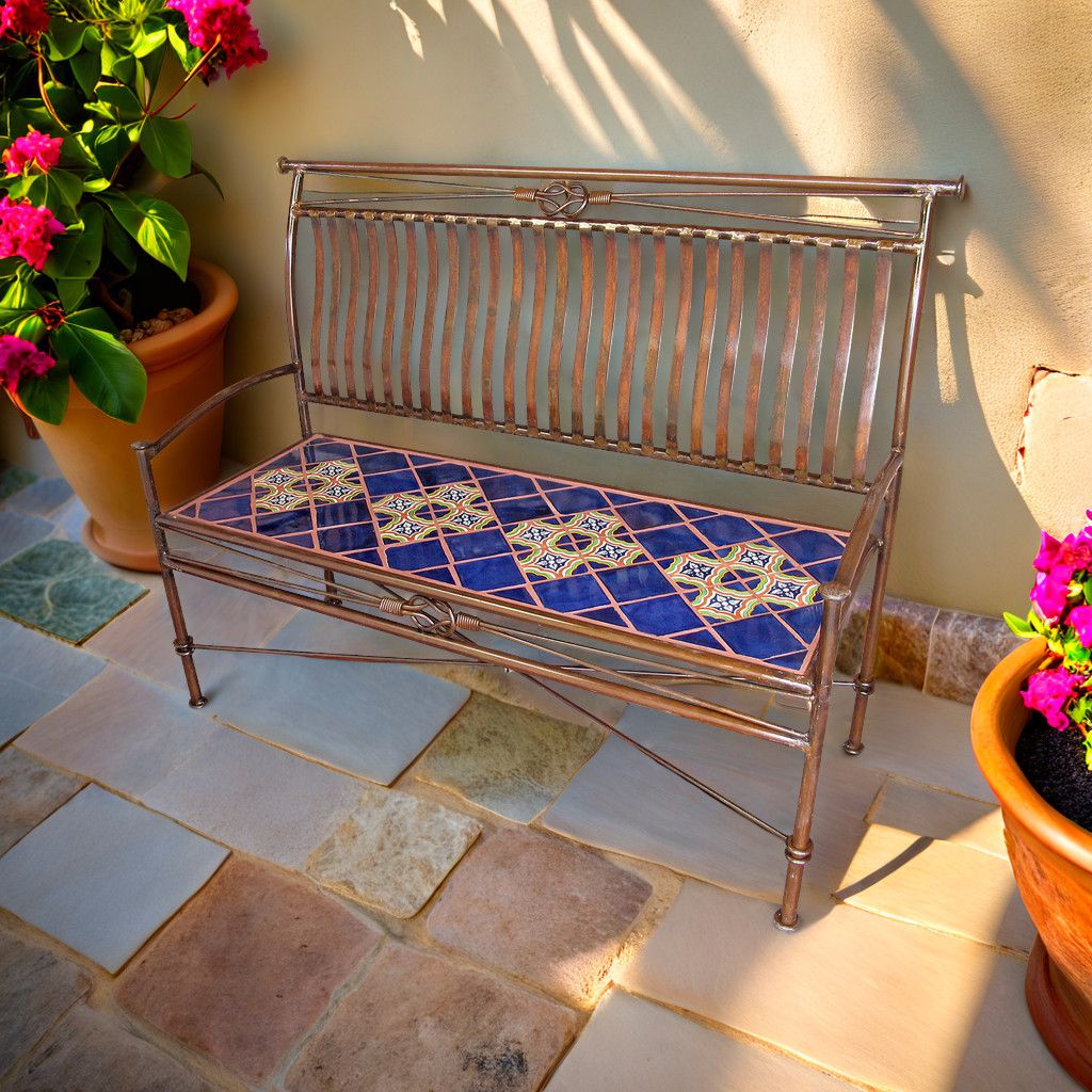 Large Iron Bench with Talavera Tiles - Blue