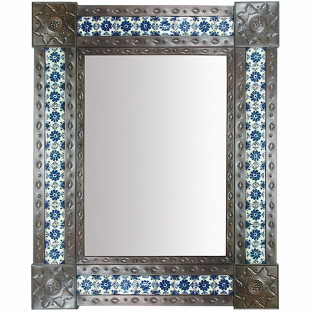 Large Aged Tin & Mexican Tile Mirror - 31
