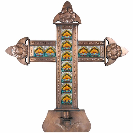 Large Aged Tin & Talavera Tile Cross Candleholder