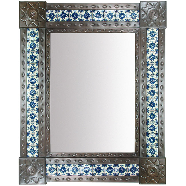 Large Aged Tin & Mexican Tile Mirror - 31