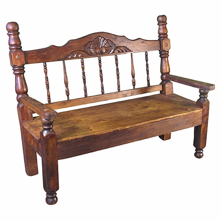 Large Carved Rustic Stained Wood Bench