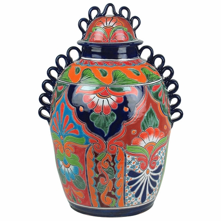 Large Handled Talavera Vase with Lid