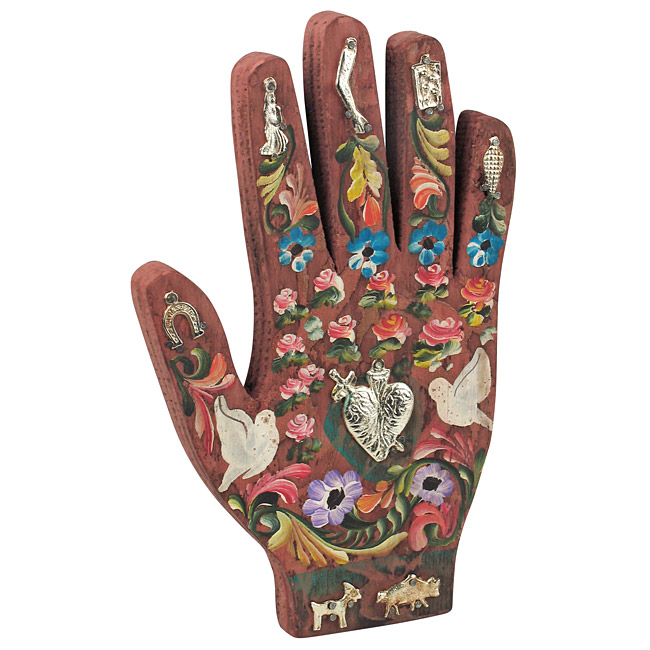 Large Mexican Folk Art Painted Wood Hand with Milagros