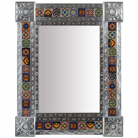 Large Mexican Natural Punched Tin & Mixed Talavera Tile Mirror - 26
