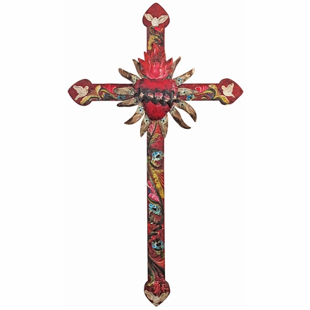 Large Mexican Painted Wood Cross with Peace Doves and Tin Heart
