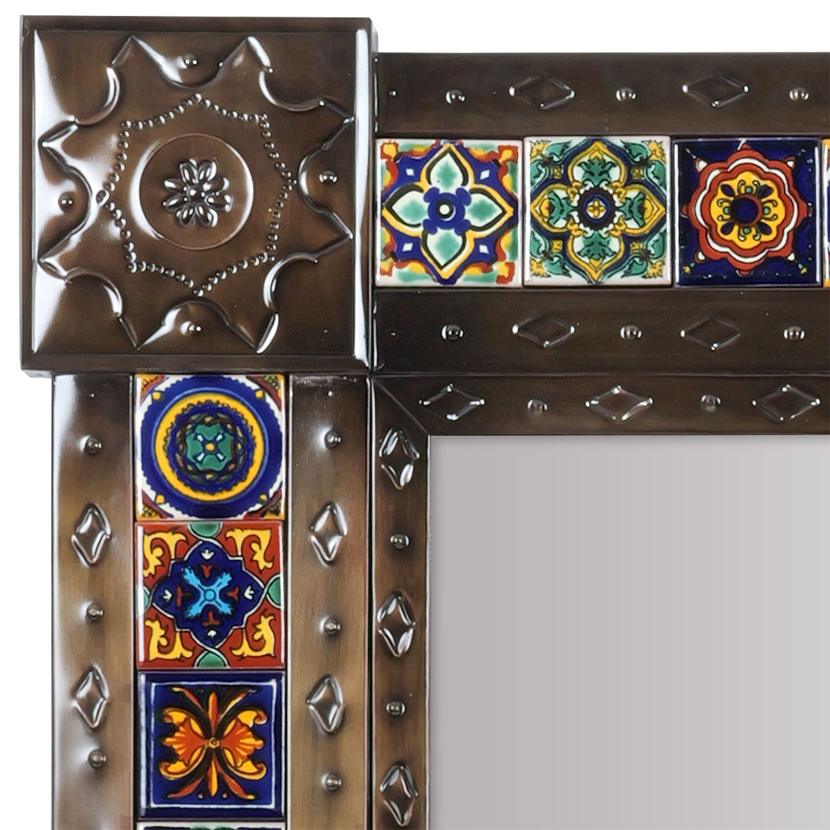 Large Mexican Punched Tin & Mixed Talavera Tile Mirror - 26