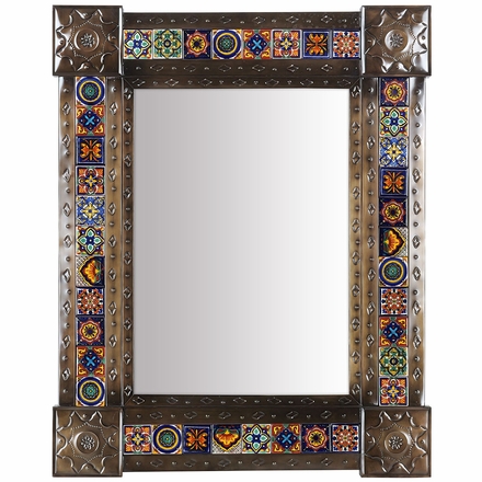 Large Mexican Punched Tin & Mixed Talavera Tile Mirror - 26
