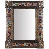 Large Mexican Punched Tin & Mixed Talavera Tile Mirror - 26" x 32"