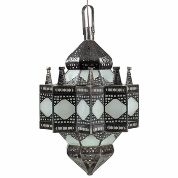 Large Moroccan Punched Tin and Frosted Glass Hanging Light