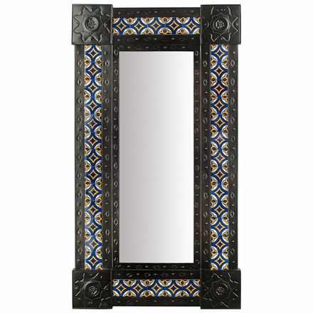 Large Narrow Aged Tin & Tile Mexican Wall Mirror - 20