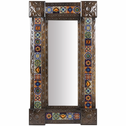 Large Narrow Aged Tin With Mixed Talavera Tile Mexican Wall Mirror - 20