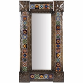 Large Narrow Aged Tin With Mixed Talavera Tile Mexican Wall Mirror - 20" x 36.5"