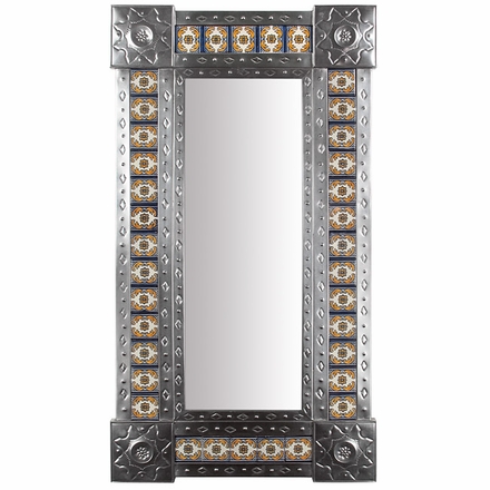 Large Narrow Natural Tin & Tile Mexican Wall Mirror - 20