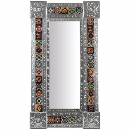 Large Narrow Natural Tin With Mixed Talavera Tile Mexican Wall Mirror - 20