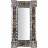 Large Narrow Natural Tin With Mixed Talavera Tile Mexican Wall Mirror - 20" x 36.5"