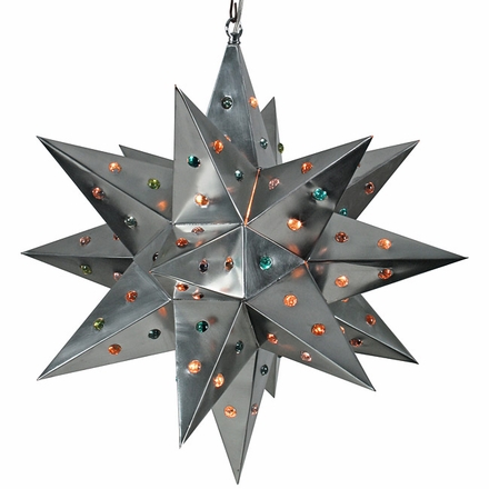 Large Natural Tin Star Light with Colored Marbles 20 in Dia.
