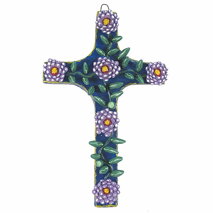 Large Painted Clay Floral Mexican Folk Art Cross