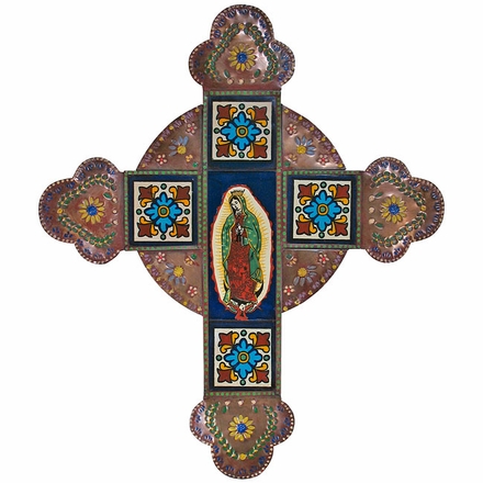 Large Painted Tin and Talavera Tile Cross with Virgin 