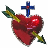 Large Painted Tin Cross Heart Ornaments - Box of 2