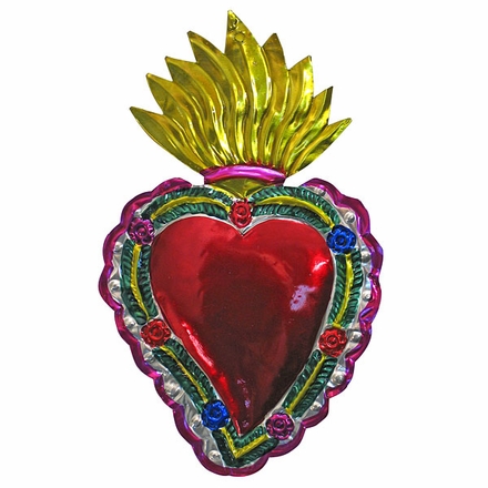 Large Painted Tin Flaming Heart Ornaments - Box of 2