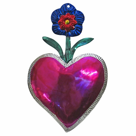 Large Painted Tin Flower Heart Ornaments - Box of 2