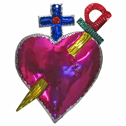 Large Painted Tin Heart Ornament - Sword and Cross - Box of 2