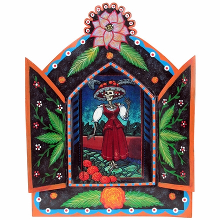 Large Painted Tin Nicho with Catrina Print
