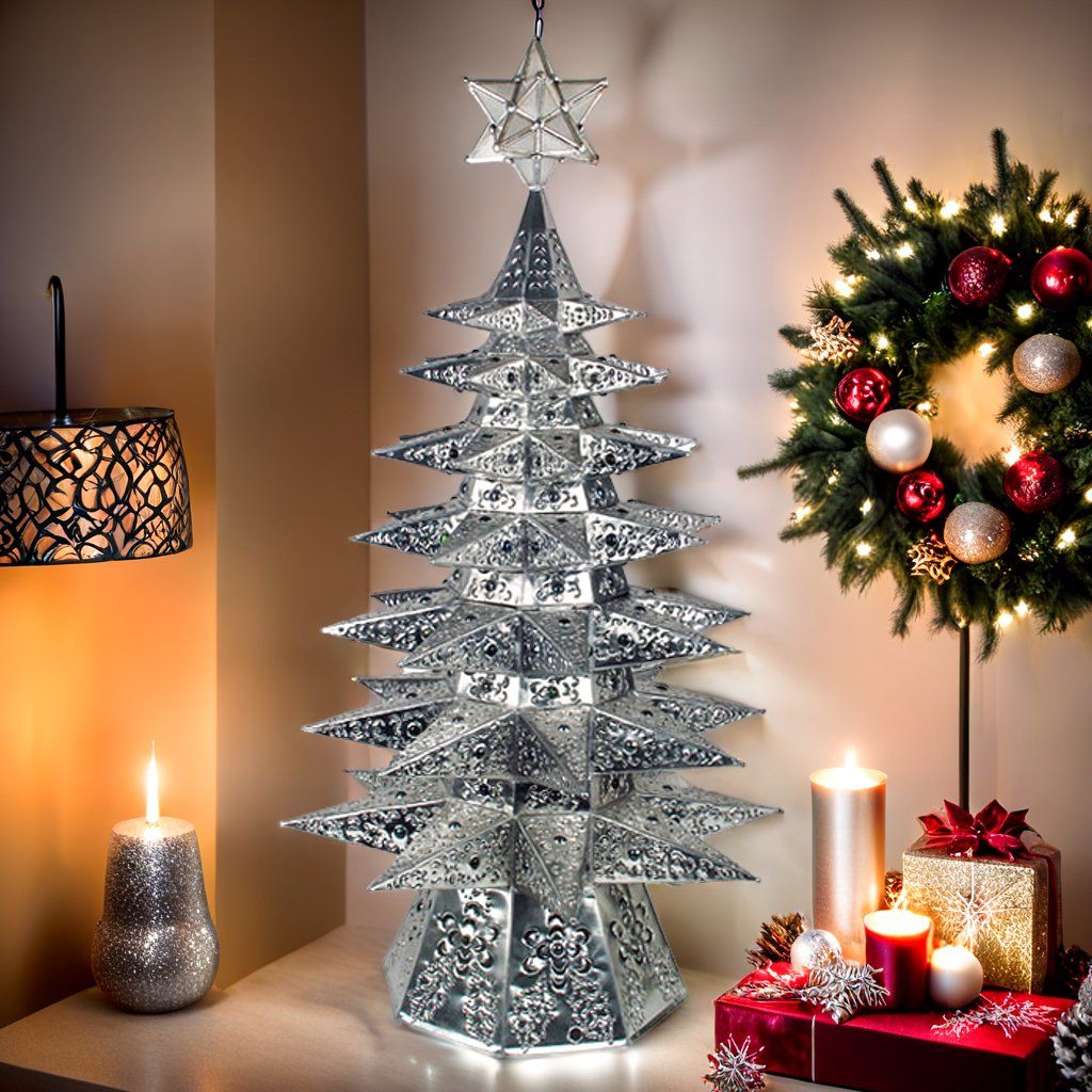 Lighted Natural Punched Tin Star Christmas Tree with Colored Marbles