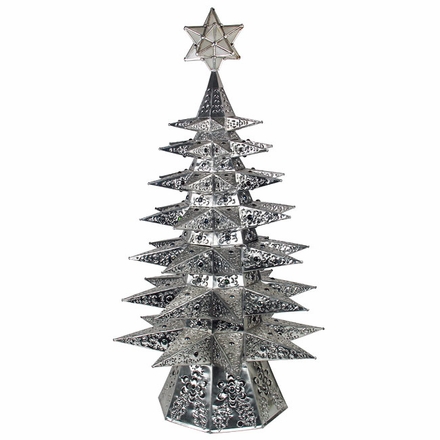 Lighted Natural Punched Tin Star Christmas Tree with Colored Marbles