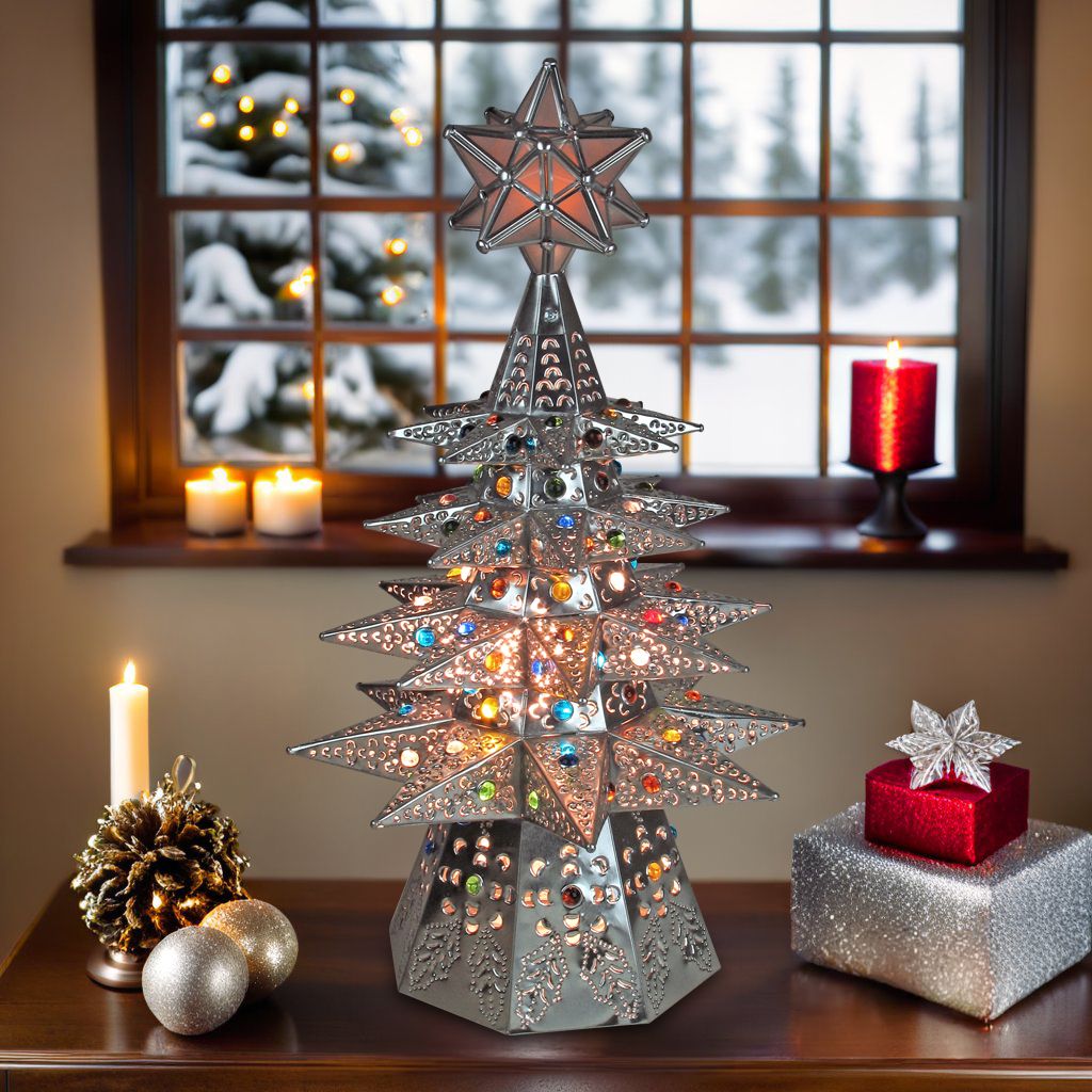 Small Lighted Natural Tin Star Christmas Tree with Colored Marbles