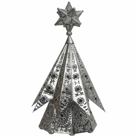 Lighted Punched Tin Fluted Christmas Tree with Marbles - Natural Tin
